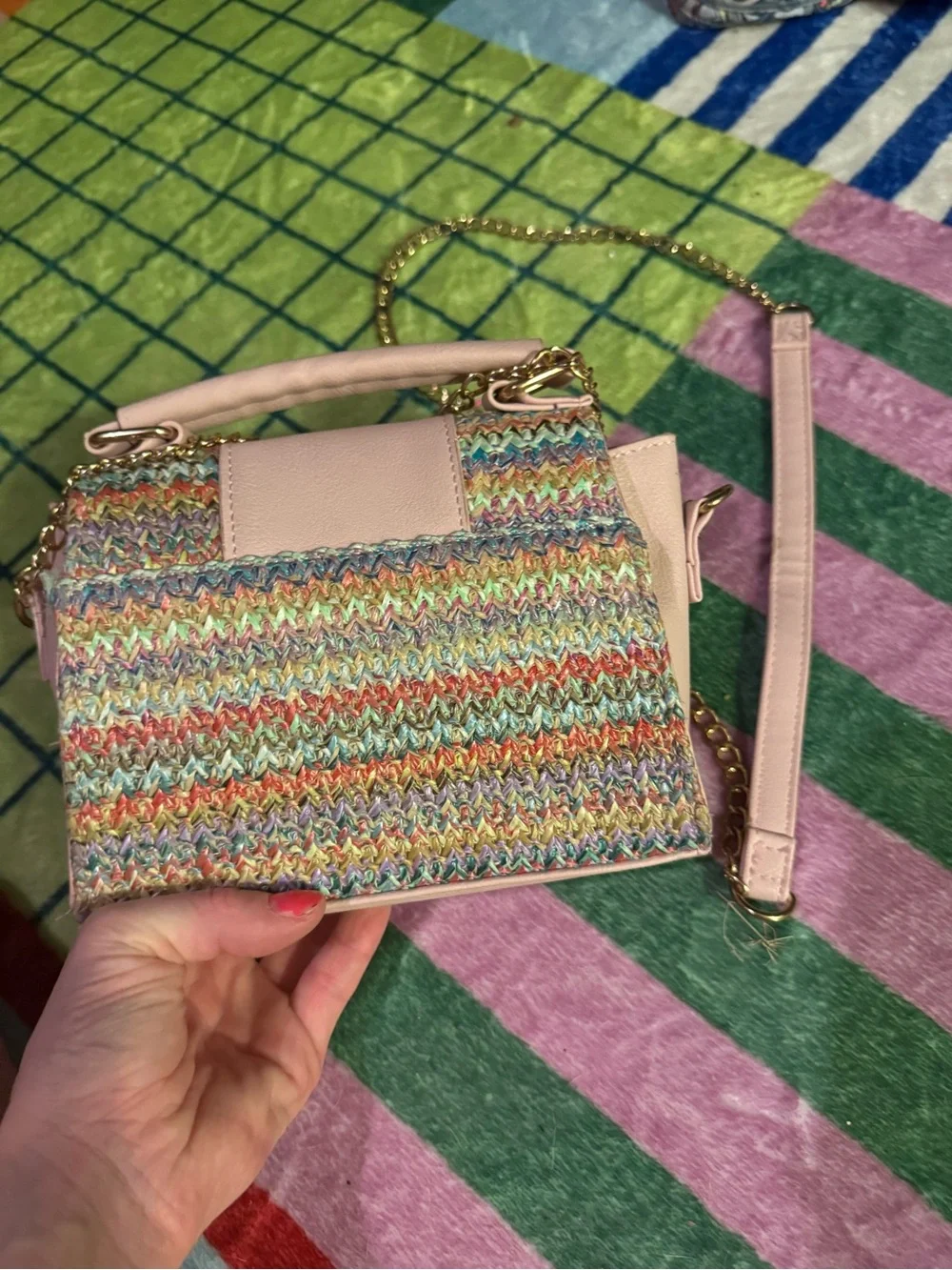 Pastel Multi-Color Woven Crossbody Bag with Pink Trim